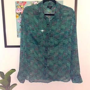 Mossimo Supply Co. semi-sheer green print pattern button up shirt, sz M